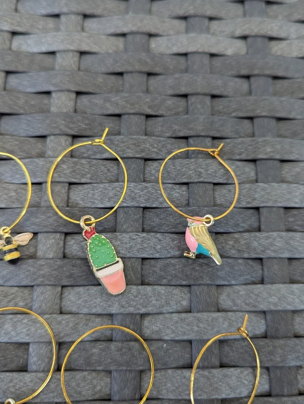 Set Of 8 Nature Themed Wine Glass Charms Birds, Plants, Bumble Bee, Cactus